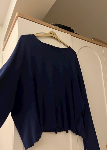 Lacivert Kadın Yün Salaş Kazak omzu düşük kazak tek omuz kazak - Görsel 3