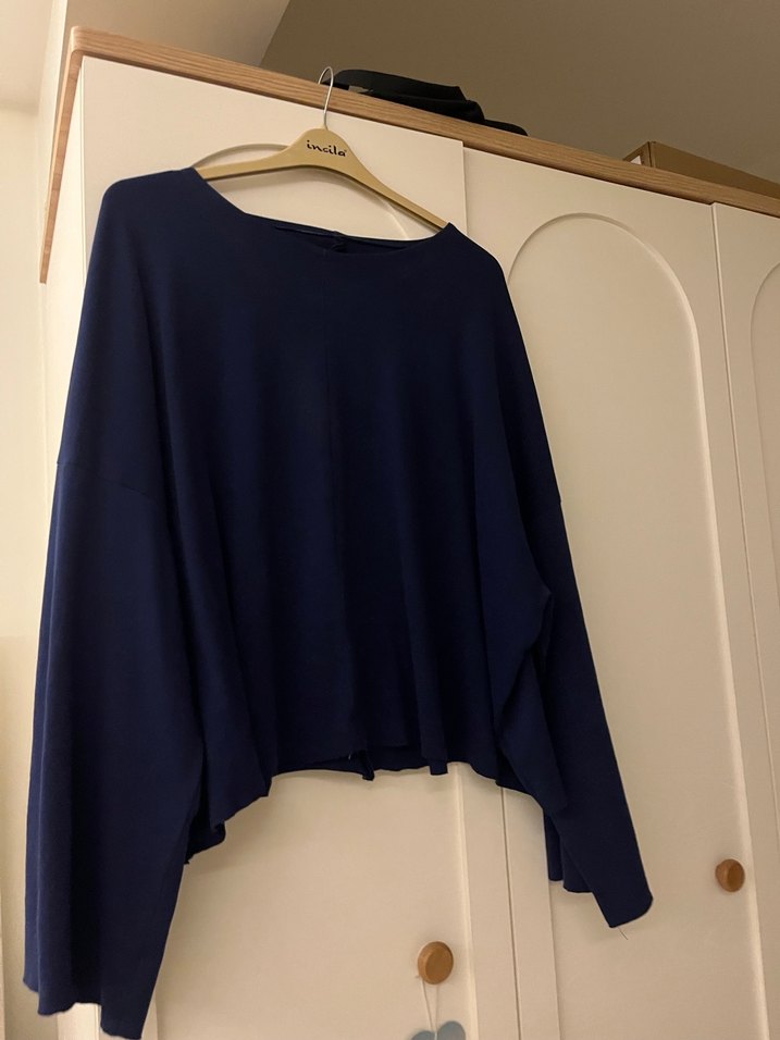 Lacivert Kadın Yün Salaş Kazak omzu düşük kazak tek omuz kazak - Görsel 5