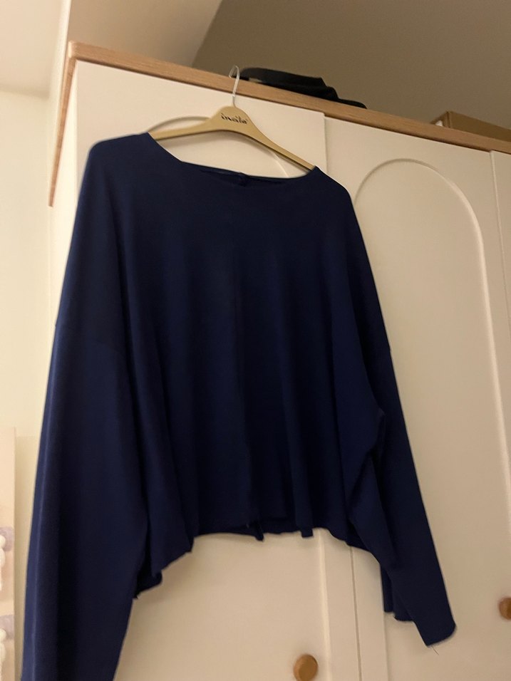 Lacivert Kadın Yün Salaş Kazak omzu düşük kazak tek omuz kazak - Görsel 4