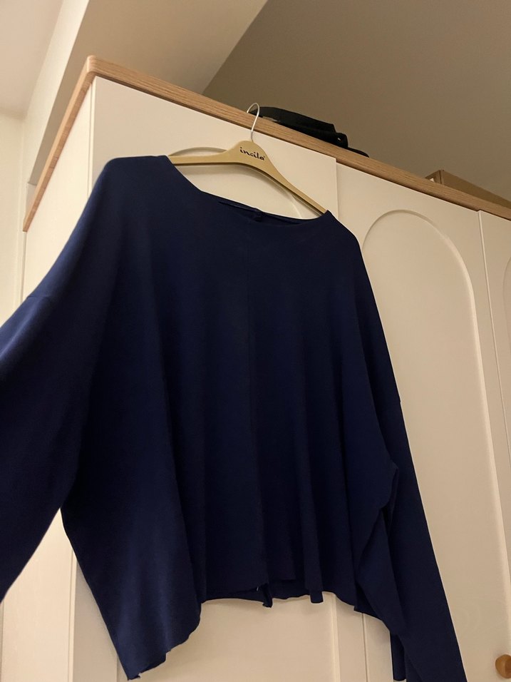 Lacivert Kadın Yün Salaş Kazak omzu düşük kazak tek omuz kazak - Görsel 3