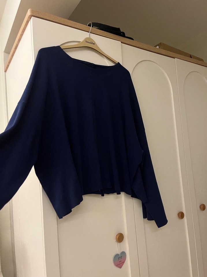 Lacivert Kadın Yün Salaş Kazak omzu düşük kazak tek omuz kazak - Görsel 2