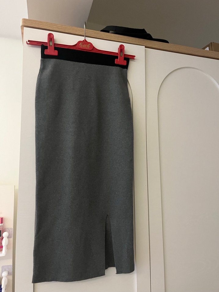 Gri Midi Kalem Etek, Kemerli, Dar Kesim kalem etek gri - Görsel 4