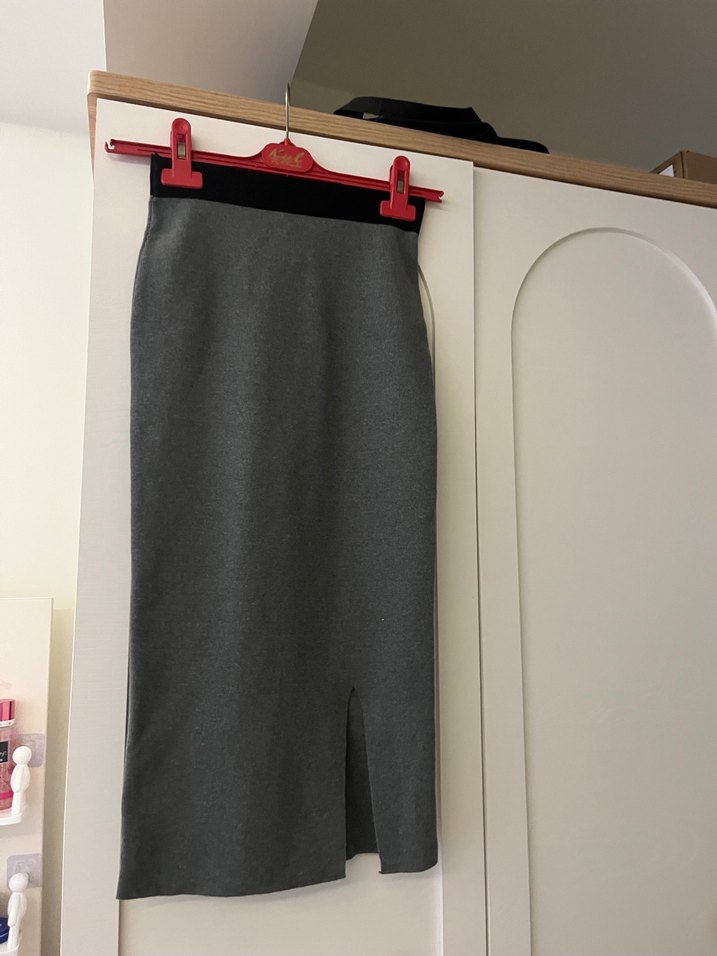 Gri Midi Kalem Etek, Kemerli, Dar Kesim kalem etek gri - Görsel 2