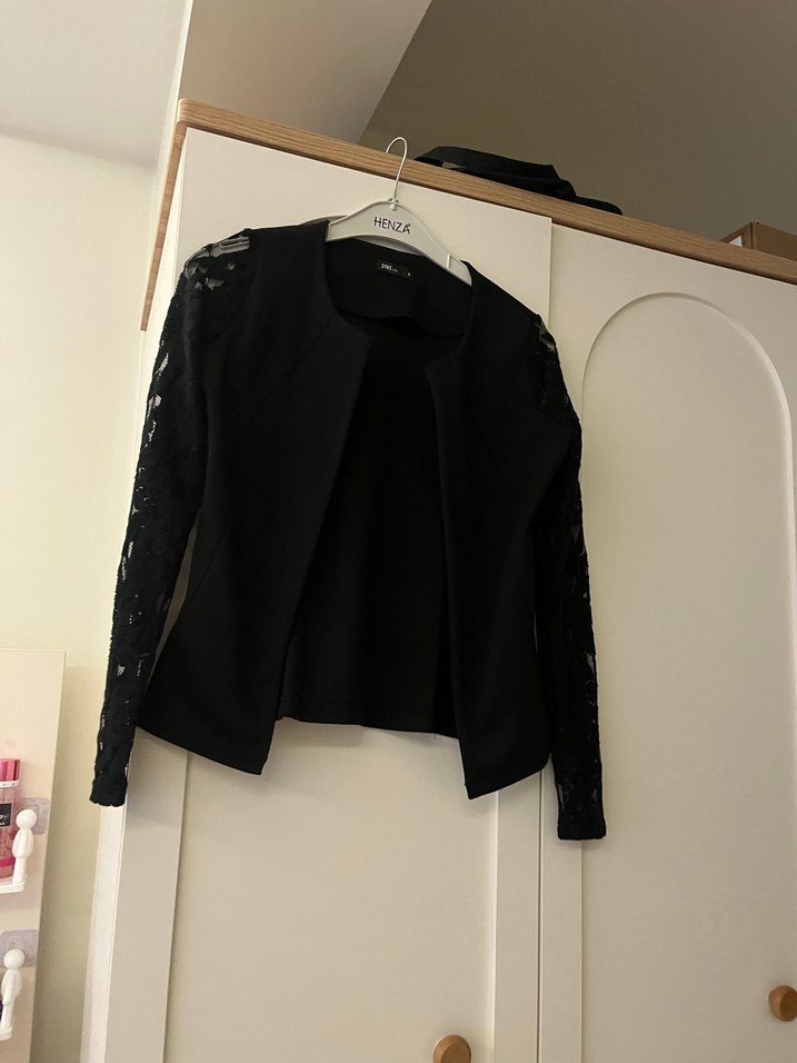 Dantel Detaylı Siyah Mini Blazer balero siyah ceket iş ceketi - Görsel 3