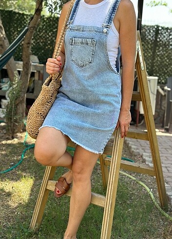 Kadın Buz Mavi Cepli Denim Salopet Elbise STD