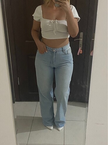 Mavi wide leg bol paça jean - Görsel 4