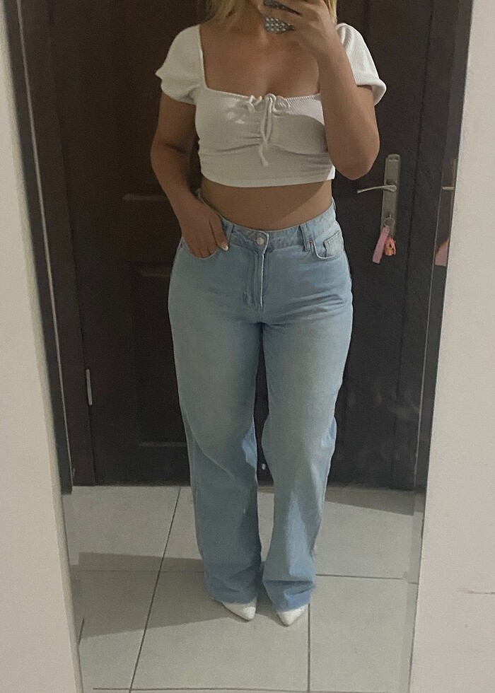 Mavi wide leg bol paça jean - Görsel 4