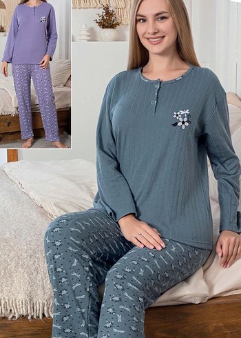 BAYAN VİSKON PİJAMA TAKIMI Gri Nakışlı Uzun Kollu Rahat pijama
