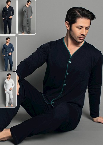 ERKEK BOYDAN Düğmeli V Yaka Siyah Erkek Pijama Takımı
