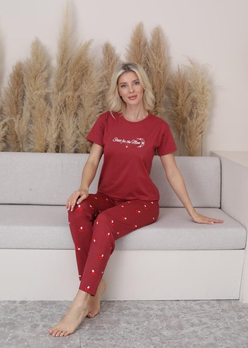 Diger Bordo Kısa Kollu Mini Pijama Takımı