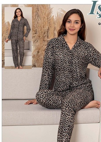 Kahverengi Leopar Desenli Uzun Kollu Kadın Pijama