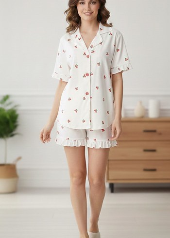 Kadın Beyaz Baskılı Kısa Kollu Mini Pijama Takımı - Görsel 2