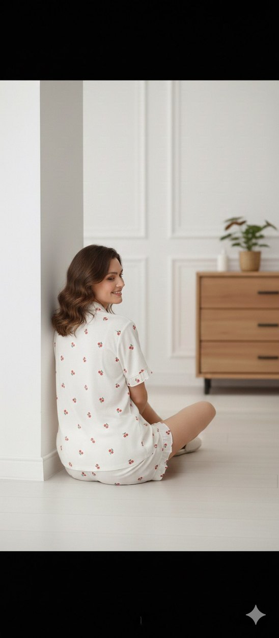 Kadın Beyaz Baskılı Kısa Kollu Mini Pijama Takımı - Görsel 3