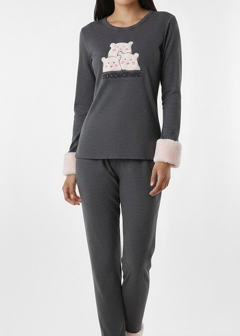 Gri Nakışlı Kadın Pijama Takımı - Görsel 2