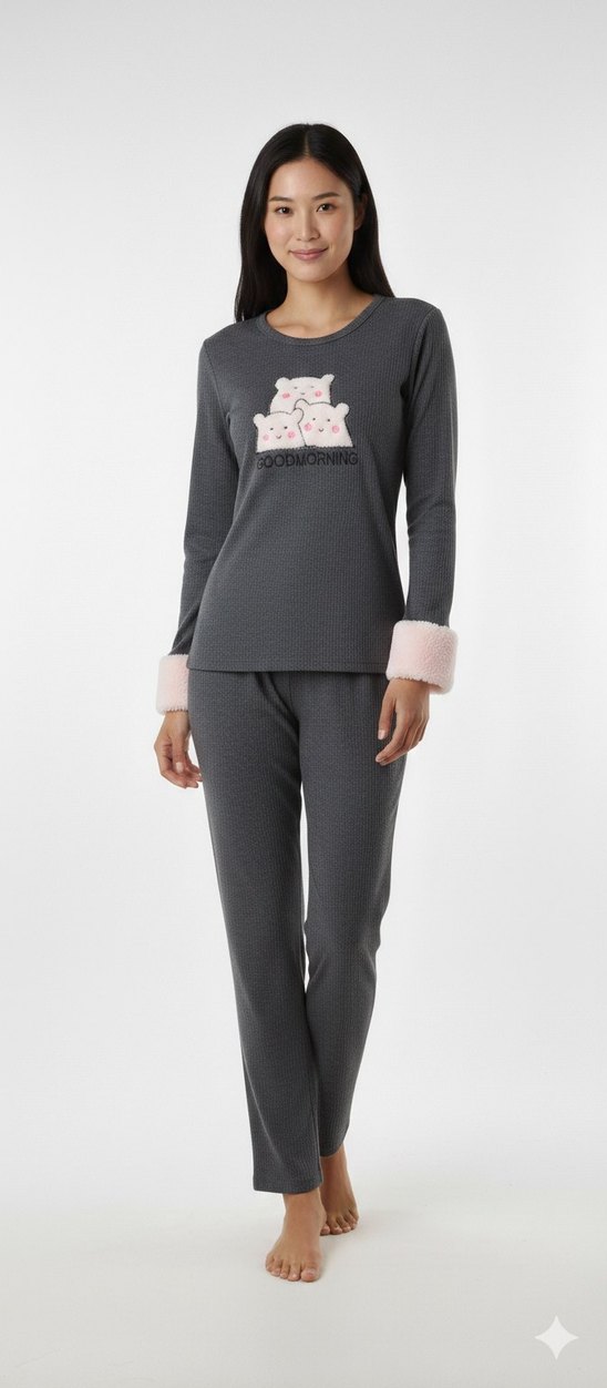 Gri Nakışlı Kadın Pijama Takımı - Görsel 4