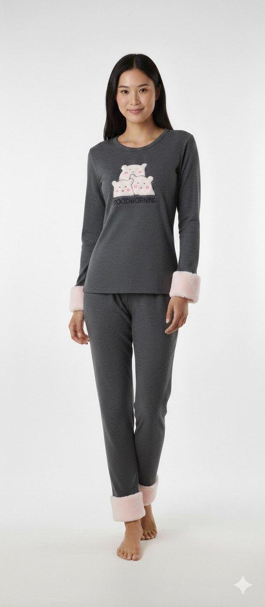 Gri Nakışlı Kadın Pijama Takımı - Görsel 2