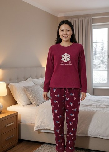 Bordo Baskılı Uzun Kollu polar Rahat Kadın Pijama Takımı - Görsel 3