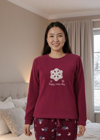 Bordo Baskılı Uzun Kollu polar Rahat Kadın Pijama Takımı - Görsel 4