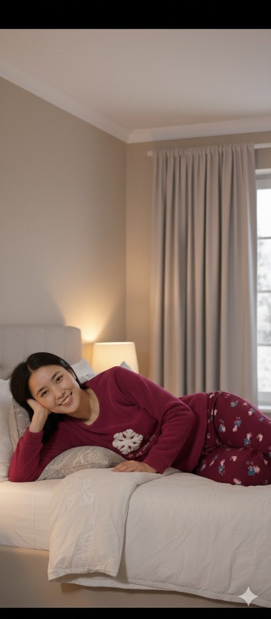 Bordo Baskılı Uzun Kollu polar Rahat Kadın Pijama Takımı - Görsel 2