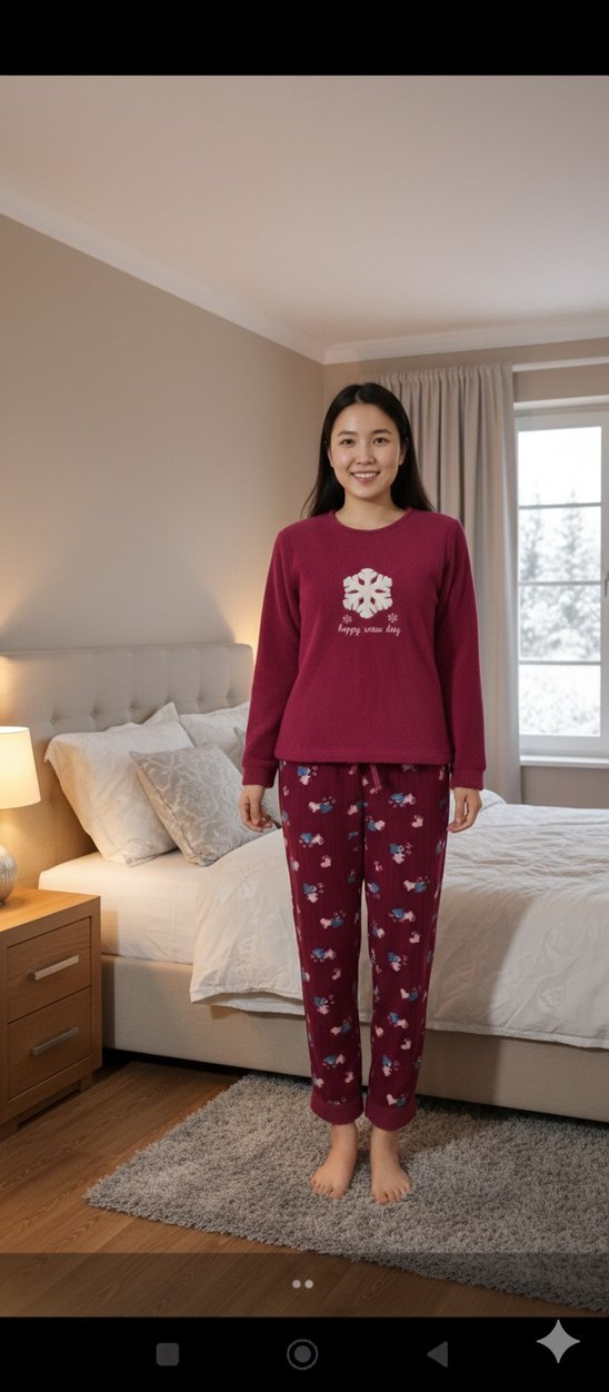 Bordo Baskılı Uzun Kollu polar Rahat Kadın Pijama Takımı - Görsel 3