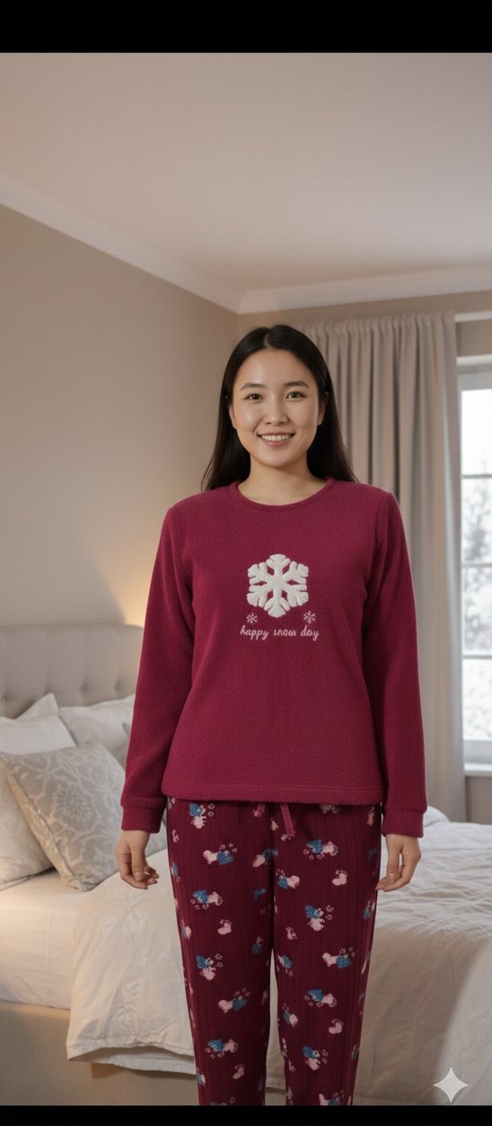 Bordo Baskılı Uzun Kollu polar Rahat Kadın Pijama Takımı - Görsel 4