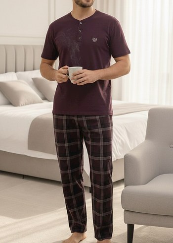Bordo Erkek Kısa Kollu Normal Boy Pijama Takımı - Görsel 2