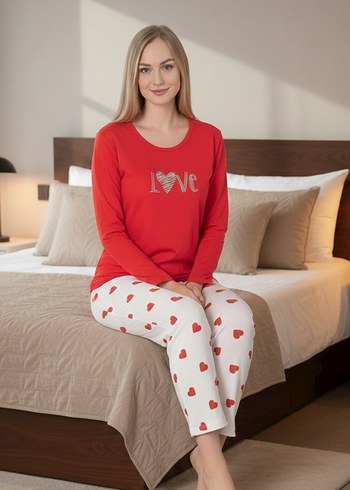 Kadın Kırmızı Uzun Kollu Mini Pijama Takımı - Görsel 2