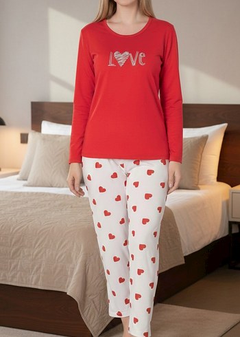 Kadın Kırmızı Uzun Kollu Mini Pijama Takımı - Görsel 3