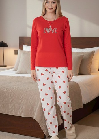 Kadın Kırmızı Uzun Kollu Mini Pijama Takımı - Görsel 5