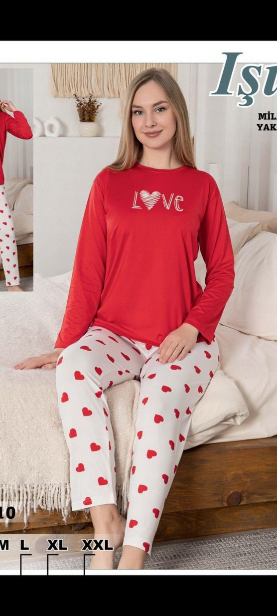 Kadın Kırmızı Uzun Kollu Mini Pijama Takımı - Görsel 4