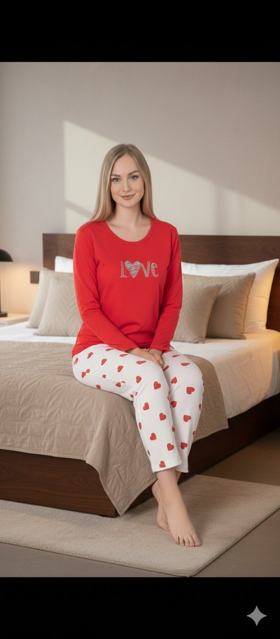 Kadın Kırmızı Uzun Kollu Mini Pijama Takımı - Görsel 2