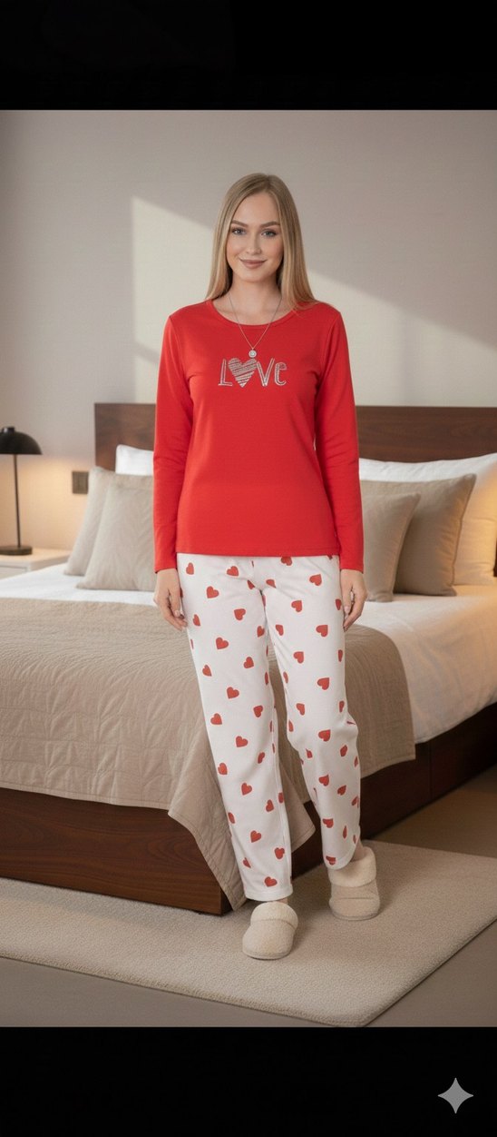 Kadın Kırmızı Uzun Kollu Mini Pijama Takımı - Görsel 5