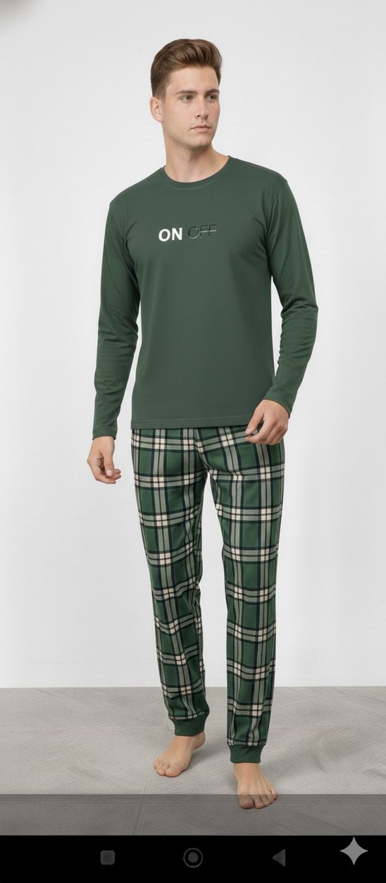 Erkek Yeşil Kareli Regular Fit Pijama Takımı - Görsel 2