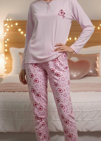 Pembe Uzun Kollu Rahat Kadın Pijama Takımı - Görsel 2