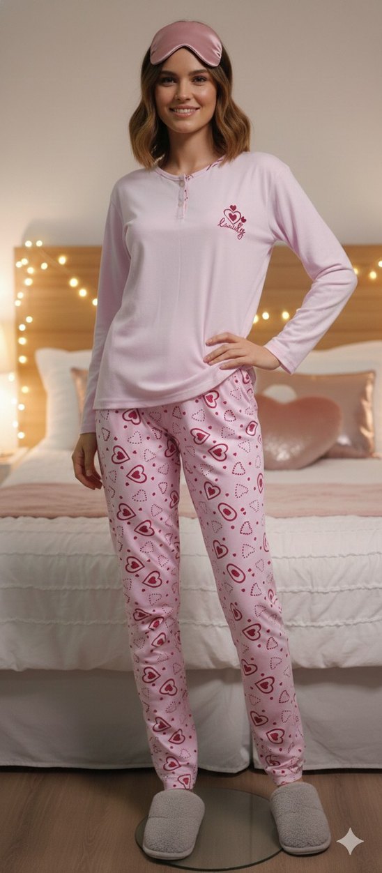 Pembe Uzun Kollu Rahat Kadın Pijama Takımı - Görsel 2