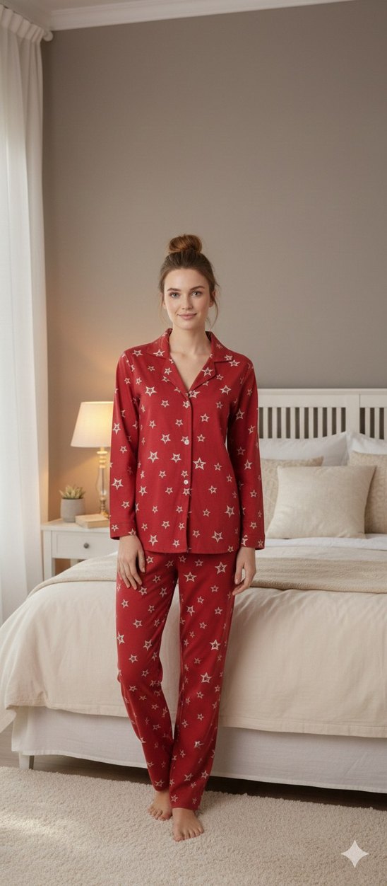 Kırmızı Yıldız Desenli Rahat Kadın Pijama Takımı - Görsel 3