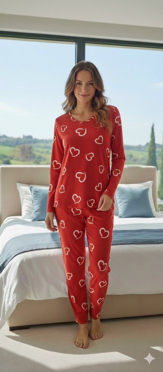 Kırmızı Kalp Desenli Rahat Kadın Pijama Takımı - Görsel 3