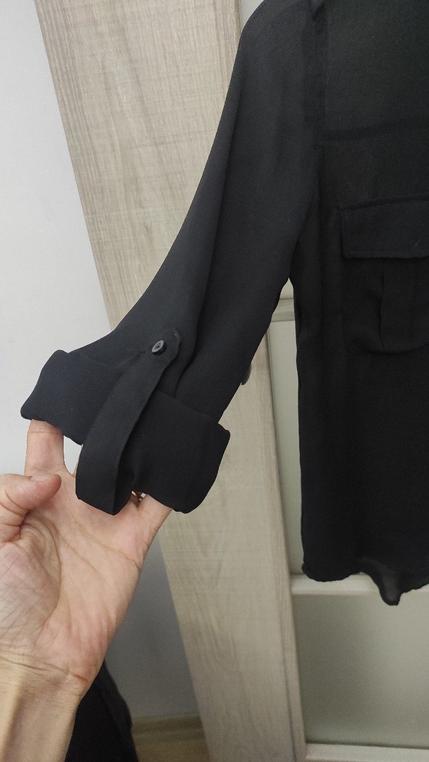 Siyah Keten Düğmeli Uzun Kollu Gömlek - Görsel 5