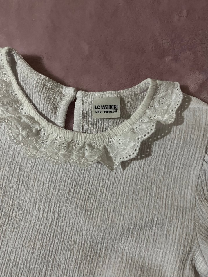 Kız Çocuk Beyaz Keten Fırfırlı Bluz - Görsel 3