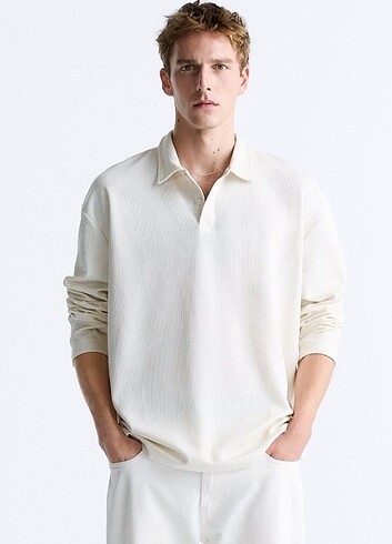 Zara Polo Yaka Uzun Kollu Beyaz Tişört