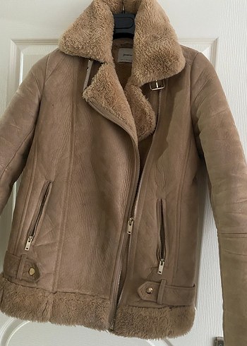 Bej Süet Kürklü Biker Ceket - Görsel 3