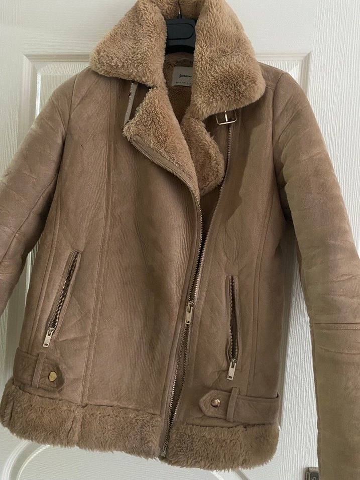 Bej Süet Kürklü Biker Ceket - Görsel 3