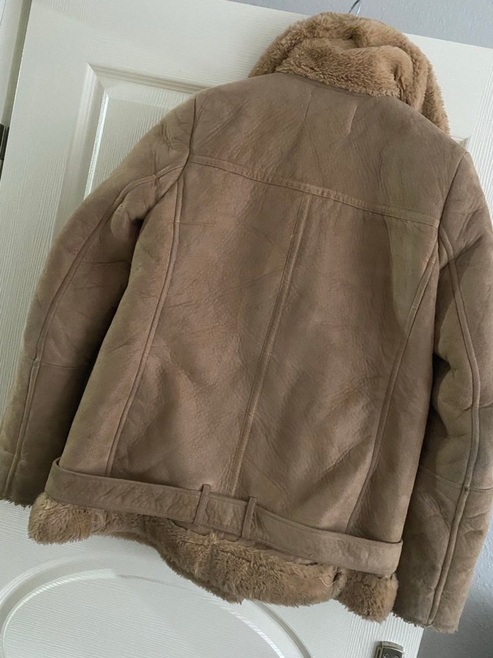 Bej Süet Kürklü Biker Ceket - Görsel 4