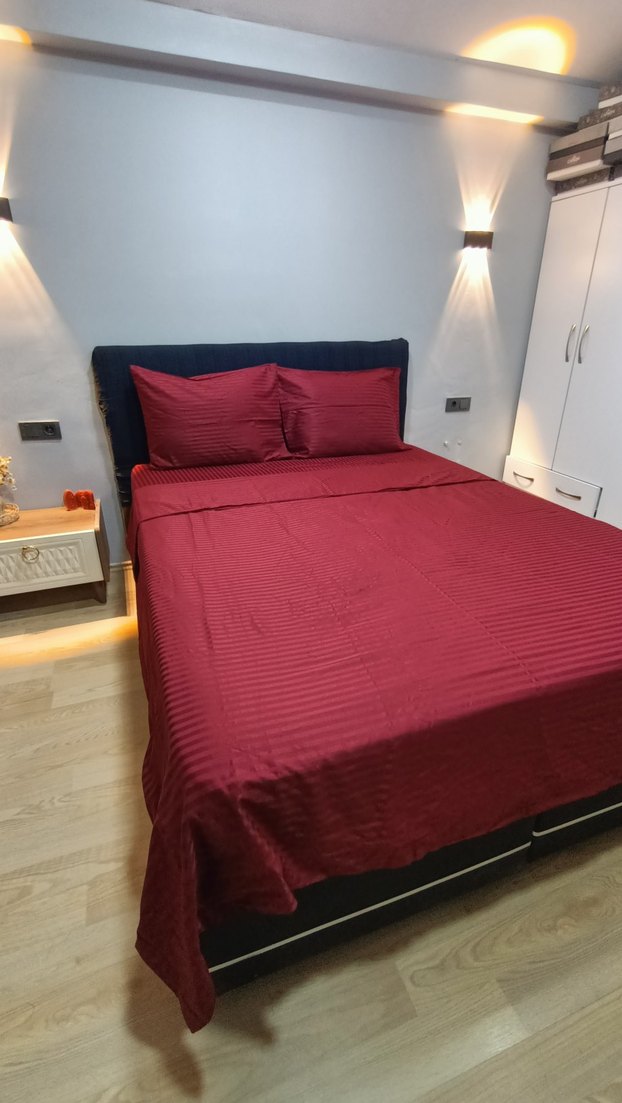 Bordo çizgili pamuk saten nevresim takımı - Görsel 2