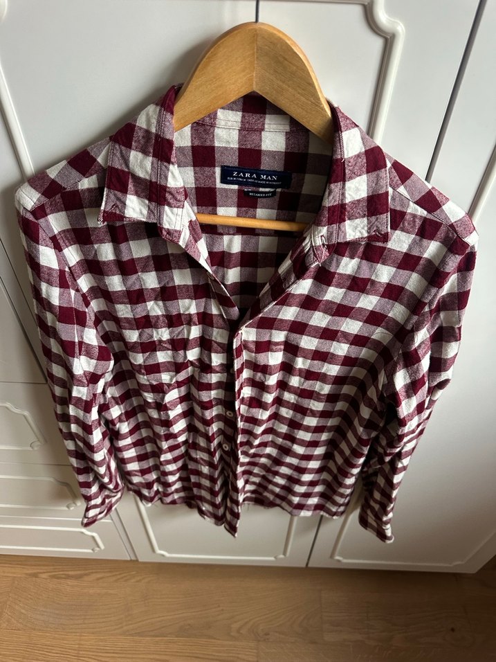 Bordo Kareli Uzun Kollu Pamuk Gömlek - Görsel 2