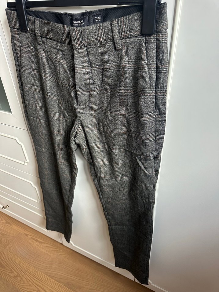 Gri erkek Kumaş Pantolon - Midi, Kemerli - Görsel 4