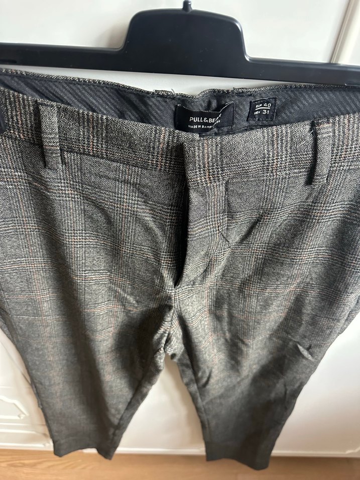 Gri erkek Kumaş Pantolon - Midi, Kemerli - Görsel 3