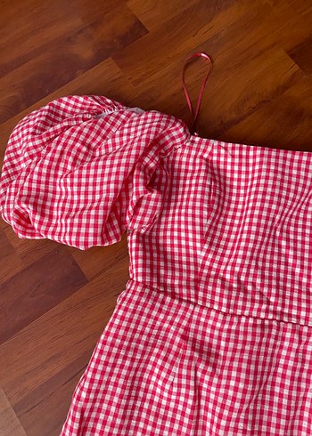 Kırmızı Kareli Mini Elbise Fırfırlı - Görsel 4