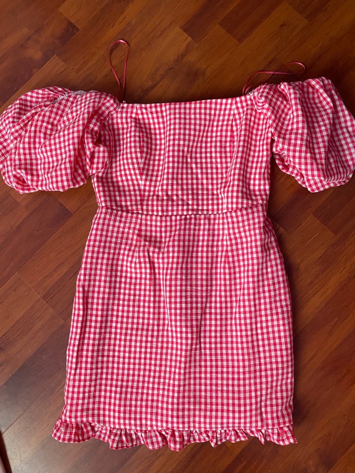 Kırmızı Kareli Mini Elbise Fırfırlı - Görsel 2