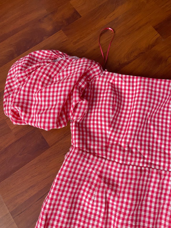 Kırmızı Kareli Mini Elbise Fırfırlı - Görsel 4